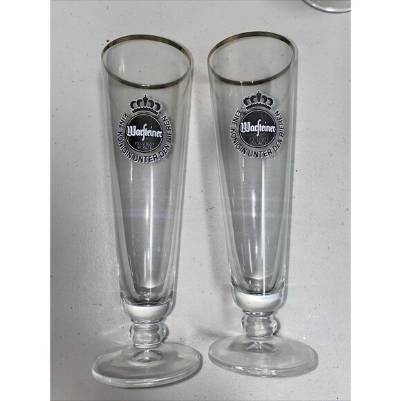 Vintage 1980 German Warsteiner .2L Gold Rimmed Beer Glass Cup Tall Set Of 2 - Picture 1 of 9